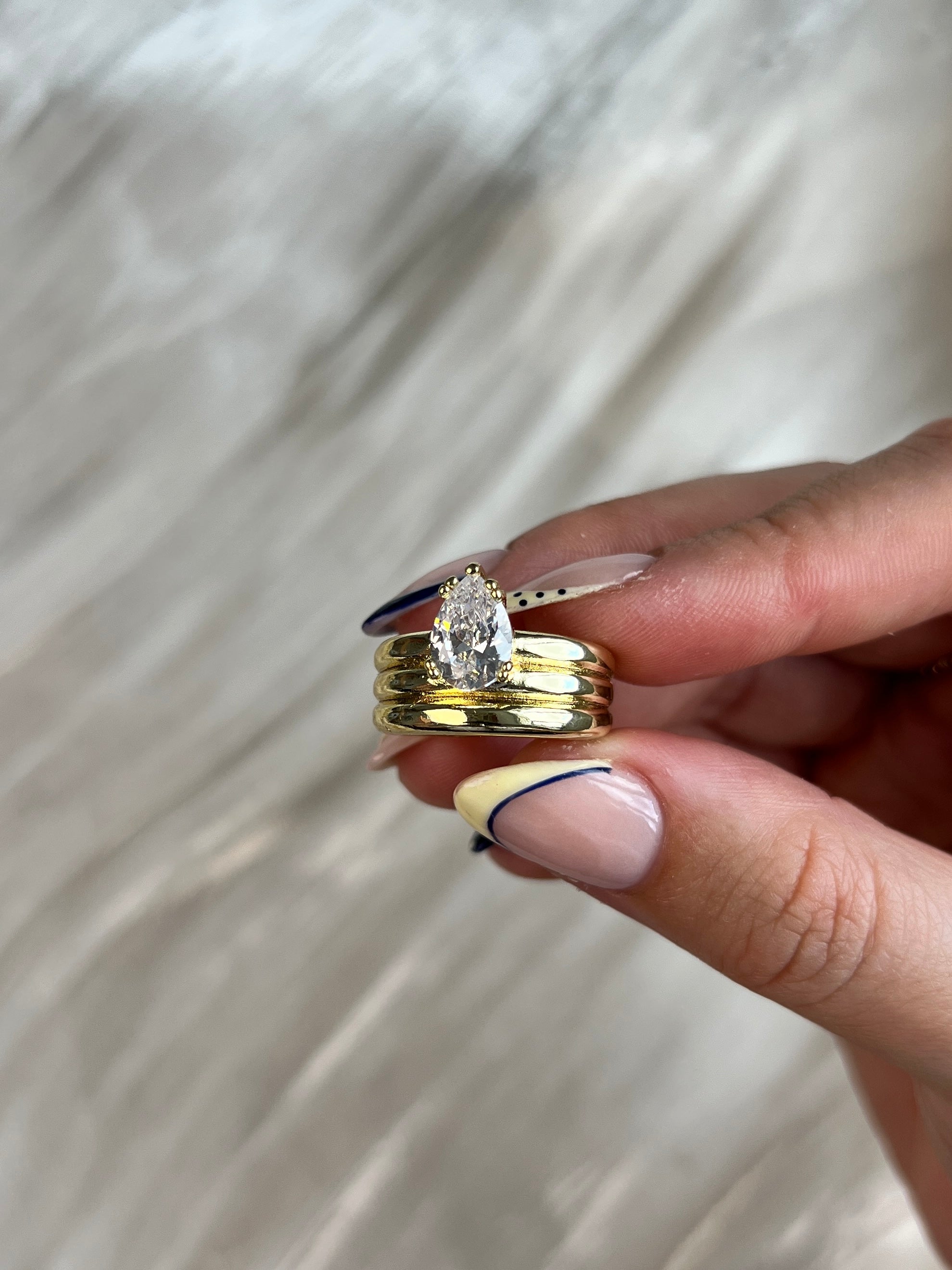 Claire Triple Band Pear Ring – 14K Gold Plated Adjustable Statement Ring