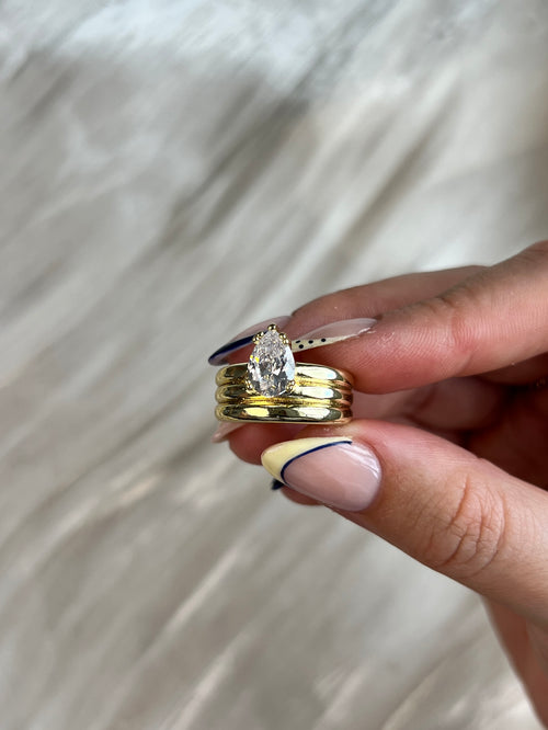 Claire Triple Band Pear Ring – 14K Gold Plated Adjustable Statement Ring