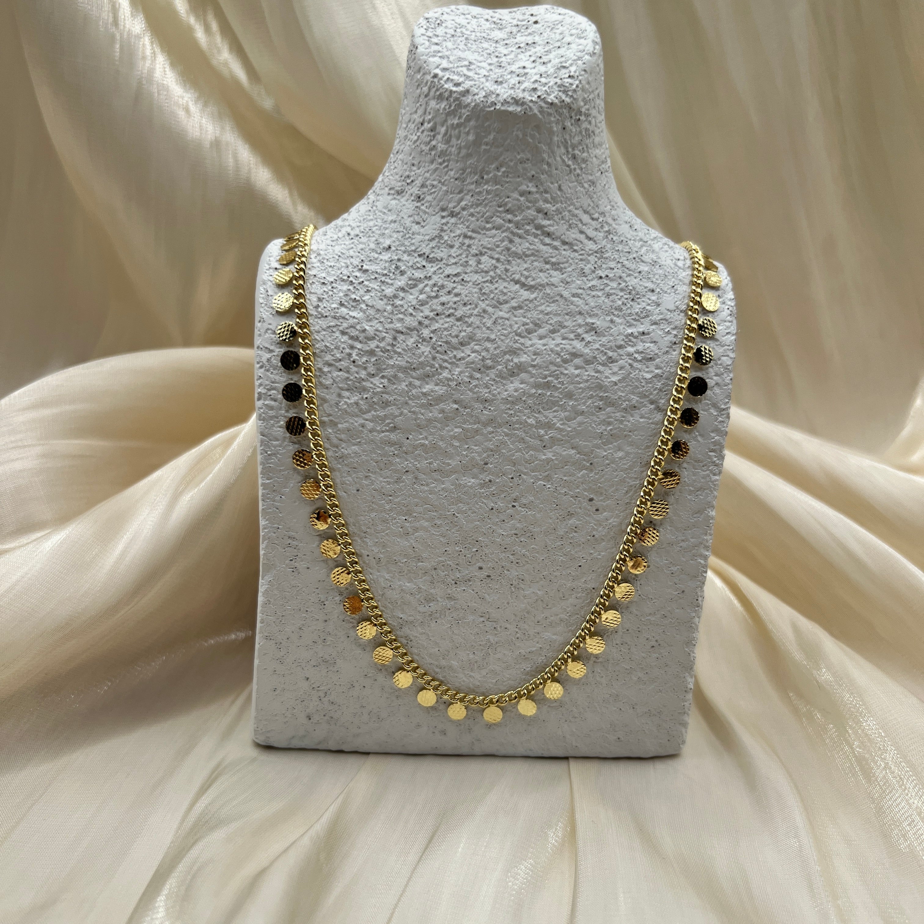 Textured Disc Fringe Necklace – Orlena | 14K Gold Plated